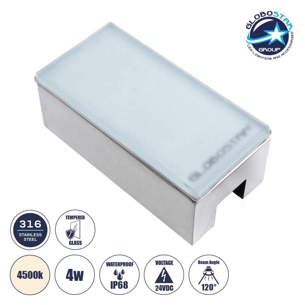 GLOBOSTAR® CYBOLITHOS 60950 Χωνευτό Αρχιτεκτονικο Φωτιστικό Σποτ Δαπέδου LED 4W 460lm 120° DC 24V Αδιάβροχο IP68 IK06 Φυσικό Λευκό 4500K Dimmable - Bridgelux SMD Chip - Γαλακτερό Tempered Glass & Ανοξείδωτο Ατσάλι SS316 - Μ20 x Π10x Υ8cm / Q20 x 10cm 