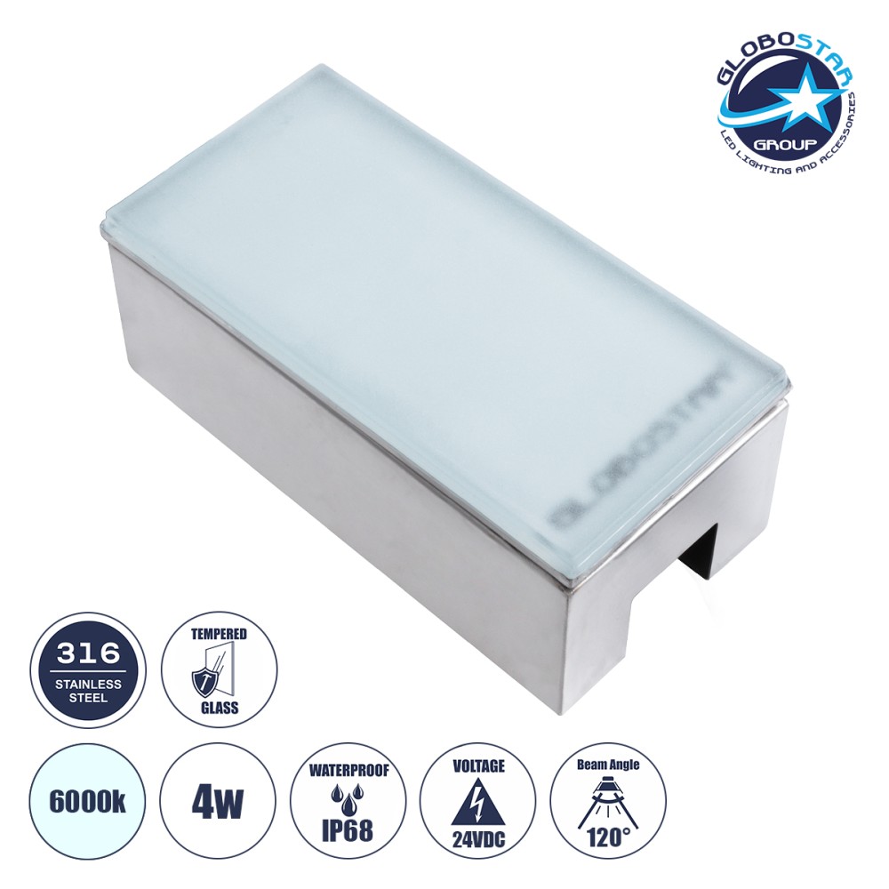GLOBOSTAR® CYBOLITHOS 60951 Χωνευτό Αρχιτεκτονικο Φωτιστικό Σποτ Δαπέδου LED 4W 480lm 120° DC 24V Αδιάβροχο IP68 IK06 Ψυχρό Λευκό 6000K Dimmable - Bridgelux SMD Chip - Γαλακτερό Tempered Glass & Ανοξείδωτο Ατσάλι SS316 - Μ20 x Π10x Υ8cm / Q20 x 10cm -