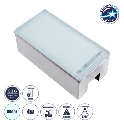 GLOBOSTAR® CYBOLITHOS 60951 Χωνευτό Αρχιτεκτονικο Φωτιστικό Σποτ Δαπέδου LED 4W 480lm 120° DC 24V Αδιάβροχο IP68 IK06 Ψυχρό Λευκό 6000K Dimmable - Bridgelux SMD Chip - Γαλακτερό Tempered Glass & Ανοξείδωτο Ατσάλι SS316 - Μ20 x Π10x Υ8cm / Q20 x 10cm -