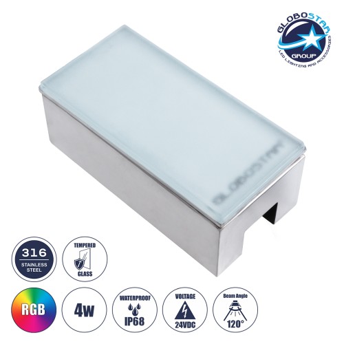 GLOBOSTAR® CYBOLITHOS 60953 Χωνευτό Αρχιτεκτονικο Φωτιστικό Σποτ Δαπέδου LED 4W 340lm 120° DC 24V Αδιάβροχο IP68 IK06 Πολύχρωμο RGB Dimmable - Bridgelux SMD Chip - Γαλακτερό Tempered Glass & Ανοξείδωτο Ατσάλι SS316 - Μ20 x Π10x Υ8cm / Q20 x 10cm - 3 Χ