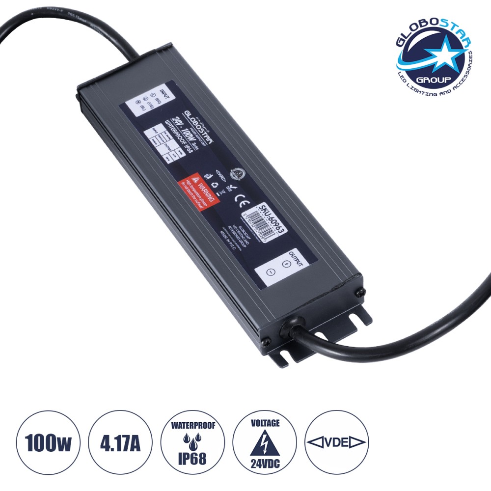 GLOBOSTAR® LUMISPLASH 60963 Τροφοδοτικό/Μετασχηματιστής Class II SELV 100W 4.17A DC 24V Αδιάβροχο IP68 - AC 220-240V σε DC 24V - Μ20 x Π5 x Υ2cm - 3 Χρόνια Εγγύηση