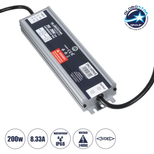 GLOBOSTAR® LUMISPLASH 60965 Τροφοδοτικό/Μετασχηματιστής Class II SELV 200W 8.33A DC 24V Αδιάβροχο IP68 - AC 220-240V σε DC 24V - Μ21.5 x Π5.5 x Υ2.5cm - 3 Χρόνια Εγγύηση