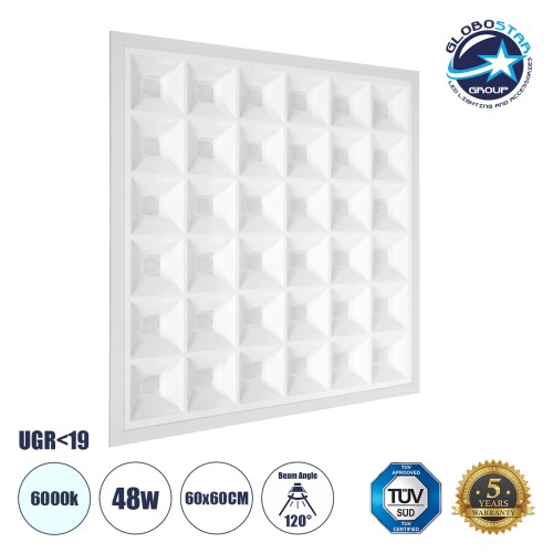GLOBOSTAR® ZEUS 60968 Χωνευτό Panel Οροφής 60x60 με Anti Glare Reflector LED 48W 7440lm 120° CRI≥85Ra UGR<19 AC 220-240V IP44 Ψυχρό Λευκό 6000K - Lumileds SMD Chip & TÜV SÜD Driver - Λευκό Γαλακτερό - Μ60 x Π60 x Υ3.3cm / Q56 x 56cm - 5 Χρόνια Εγγύ