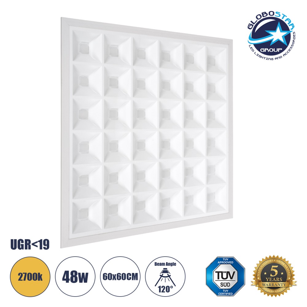 GLOBOSTAR® ZEUS 60970 Χωνευτό Panel Οροφής 60x60 με Anti Glare Reflector LED 48W 6960lm 120° CRI≥85Ra UGR<19 AC 220-240V IP44 Θερμό Λευκό 2700K - Lumileds SMD Chip & TÜV SÜD Driver - Λευκό Γαλακτερό - Μ60 x Π60 x Υ3.3cm / Q56 x 56cm - 5 Χρόνια Εγγύ