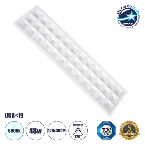 GLOBOSTAR® ZEUS 60971 Χωνευτό Panel Οροφής 120x30 με Anti Glare Reflector LED 48W 7440lm 120° CRI≥85Ra UGR<19 AC 220-240V IP44 Ψυχρό Λευκό 6000K - Lumileds SMD Chip & TÜV SÜD Driver - Λευκό Γαλακτερό - Μ120 x Π30 x Υ3.3cm / Q116 x 26cm - 5 Χρόνια Ε