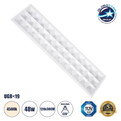GLOBOSTAR® ZEUS 60972 Χωνευτό Panel Οροφής 120x30 με Anti Glare Reflector LED 48W 7200lm 120° CRI≥85Ra UGR<19 AC 220-240V IP44 Φυσικό Λευκό 4500K - Lumileds SMD Chip & TÜV SÜD Driver - Λευκό Γαλακτερό - Μ120 x Π30 x Υ3.3cm / Q116 x 26cm - 5 Χρόνια 