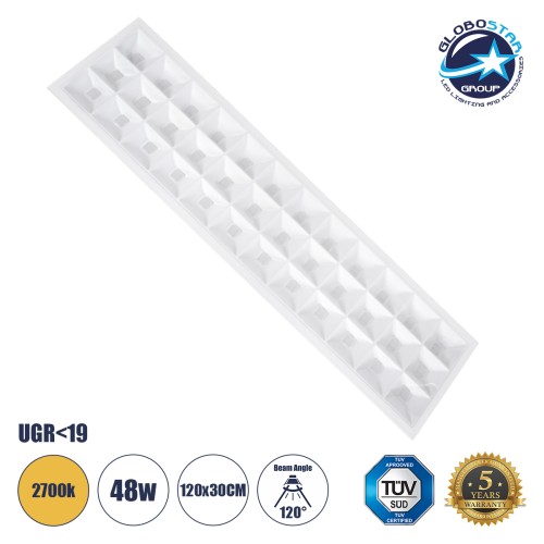 GLOBOSTAR® ZEUS 60973 Χωνευτό Panel Οροφής 120x30 με Anti Glare Reflector LED 48W 6960lm 120° CRI≥85Ra UGR<19 AC 220-240V IP44 Θερμό Λευκό 2700K - Lumileds SMD Chip & TÜV SÜD Driver - Λευκό Γαλακτερό - Μ120 x Π30 x Υ3.3cm / Q116 x 26cm - 5 Χρόνια Ε