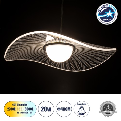 GLOBOSTAR® ACRYLICA 60974 Μοντέρνο Κρεμαστό Φωτιστικό Οροφής LED 20W 2240lm 360° AC 220-240V IP20 Ρυθμιζόμενο Λευκό CCT με On/Off 2700K/4500K/6000K - Lumileds SMD Chip - Διάφανο & Μαύρο Ματ - Μ40 x Π40 x Υ6.5cm - 3 Χρόνια Εγγύηση