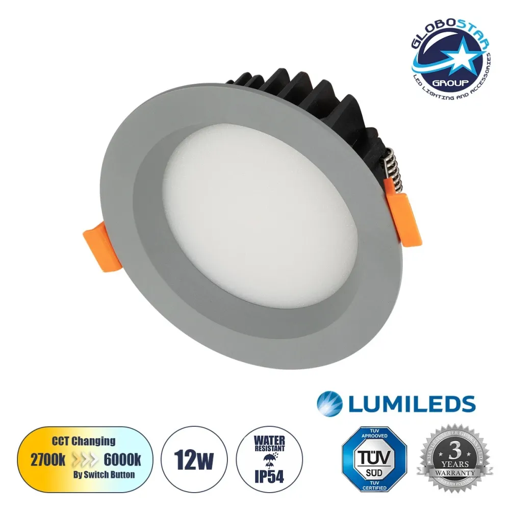 GLOBOSTAR® WATERA 60986 Χωνευτό Downlight Σποτ Panel Μπάνιου LED 12W 1500lm 120° AC 220-240V Αδιάβροχο IP54 Ρυθμιζόμενο Λευκό CCT με Διακόπτη στο Σώμα 2700K/4500K/6000K Dimmable - Lumileds SMD Chip & TÜV SÜD Driver - Γκρι Ανθρακί Ματ - Μ10.8 x Π10.8 x