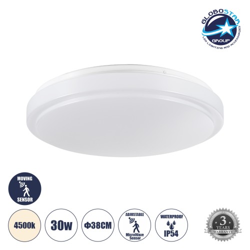 GLOBOSTAR® SENSORANO 60995 Φωτιστικό Πλαφονιέρα Οροφής με Ανιχνευτή Microwave / Αισθητήρα Κίνησης LED 30W 3000lm 120° AC 220-240V Αδιάβροχο IP54 Φυσικό Λευκό 4500K - Lumileds SMD Chip - Λευκό Γαλακτερό - Μ38 x Π38 x Υ5.3cm - 3 Χρόνια Εγγύηση