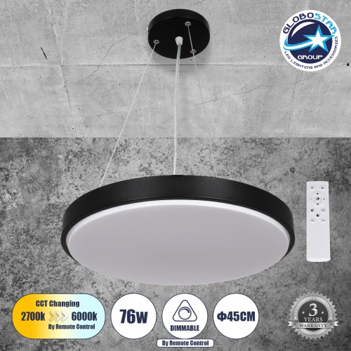 GLOBOSTAR® CASPER 61019 Μοντέρνο Κρεμαστό Φωτιστικό Οροφής LED 76W 8372lm 120° AC 220-240V IP20 Ρυθμιζόμενο Λευκό CCT με Χειριστήριο από 2700K έως 6000K Dimmable - Lumileds SMD Chip - Μαυρό Ματ - Μ45 x Π45 x Υ5.5cm - 3 Χρόνια Εγγύηση