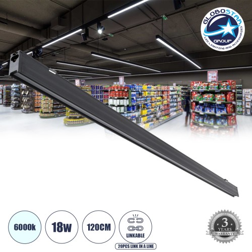 GLOBOSTAR® MARKET 61020 Μοντέρνο Γραμμικό Επεκτεινόμενο Φωτιστικό Οροφής LED 18W 2230lm 60° AC 220-240V IP20 Ψυχρό Λευκό 6000K - Lumileds SMD Chip - Μαύρο Ματ - Μ120 x Π2 x Υ4cm - 3 Χρόνια Εγγύηση
