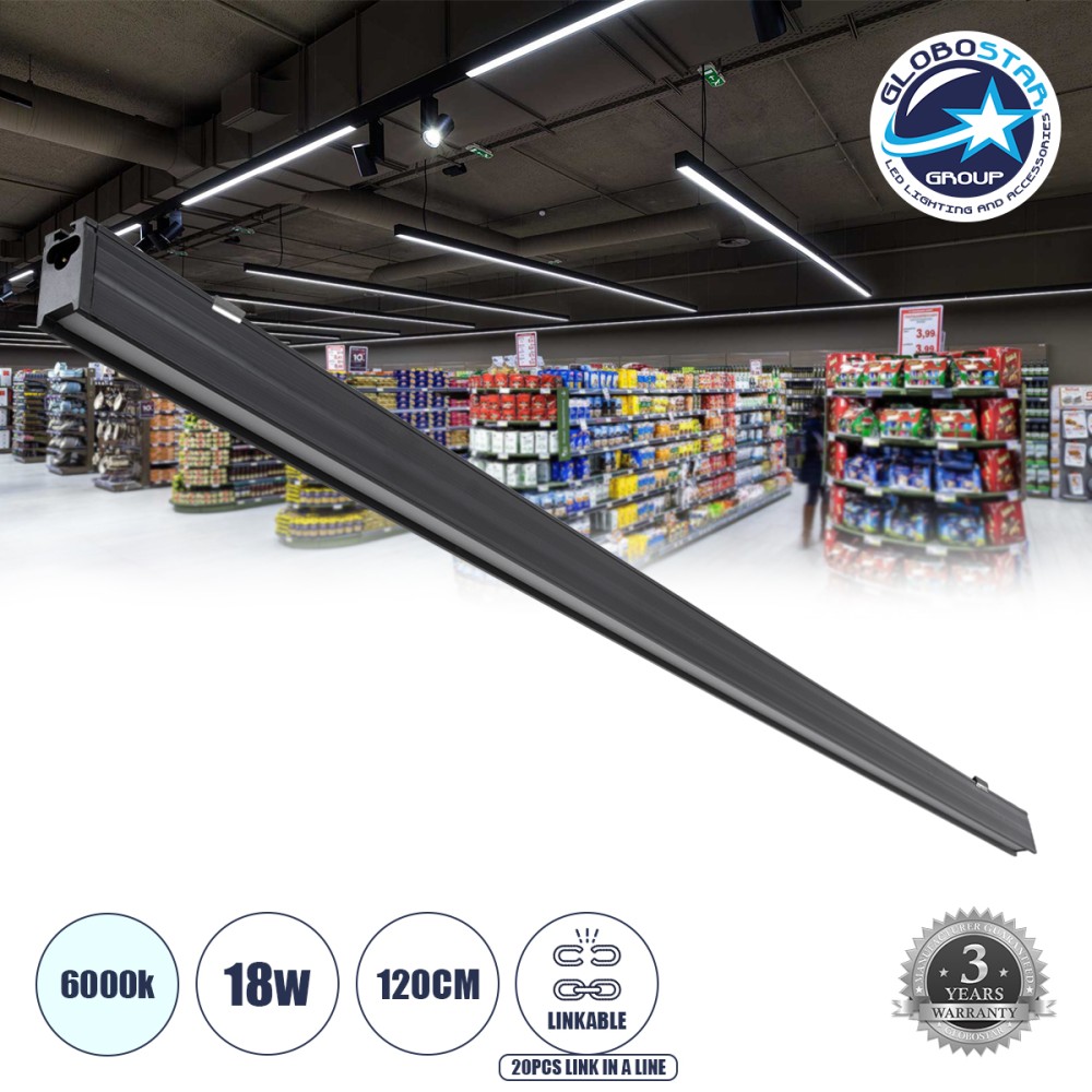 GLOBOSTAR® OFFICE 61023 Μοντέρνο Γραμμικό Επεκτεινόμενο Φωτιστικό Οροφής LED 18W 2230lm 120° AC 220-240V IP20 Ψυχρό Λευκό 6000K - Lumileds SMD Chip - Μαύρο Ματ - Μ120 x Π2 x Υ4cm - 3 Χρόνια Εγγύηση