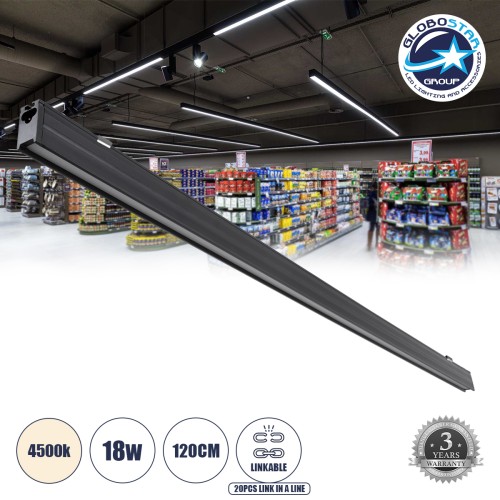 GLOBOSTAR® OFFICE 61024 Μοντέρνο Γραμμικό Επεκτεινόμενο Φωτιστικό Οροφής LED 18W 2200lm 120° AC 220-240V IP20 Φυσικό Λευκό 4500K - Lumileds SMD Chip - Μαύρο Ματ - Μ120 x Π2 x Υ4cm - 3 Χρόνια Εγγύηση