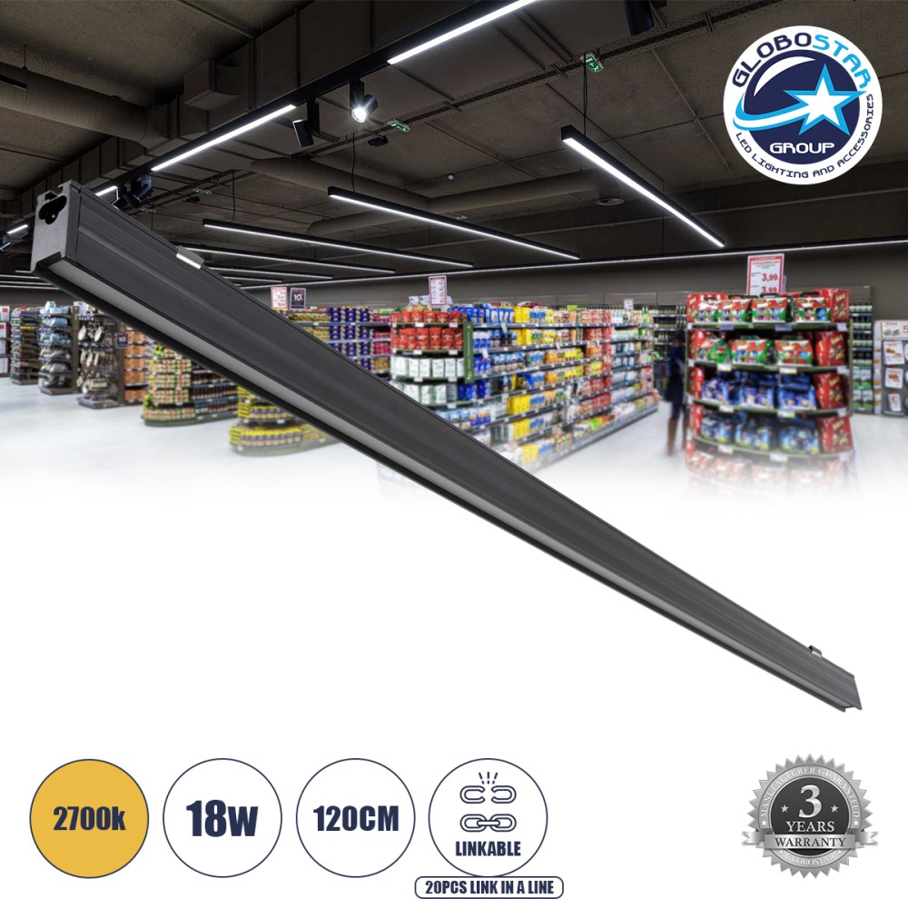GLOBOSTAR® OFFICE 61025 Μοντέρνο Γραμμικό Επεκτεινόμενο Φωτιστικό Οροφής LED 18W 2170lm 120° AC 220-240V IP20 Θερμό Λευκό 2700K - Lumileds SMD Chip - Μαύρο Ματ - Μ120 x Π2 x Υ4cm - 3 Χρόνια Εγγύηση