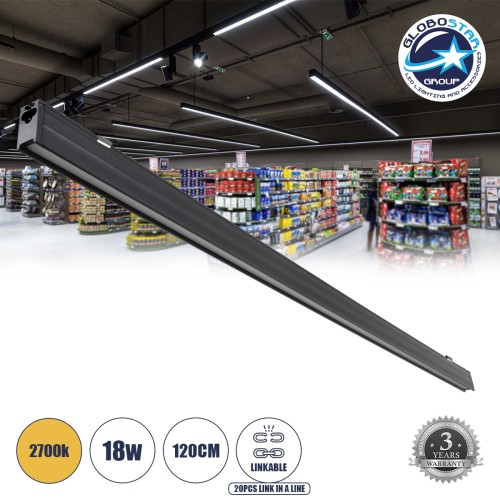 GLOBOSTAR® OFFICE 61025 Μοντέρνο Γραμμικό Επεκτεινόμενο Φωτιστικό Οροφής LED 18W 2170lm 120° AC 220-240V IP20 Θερμό Λευκό 2700K - Lumileds SMD Chip - Μαύρο Ματ - Μ120 x Π2 x Υ4cm - 3 Χρόνια Εγγύηση