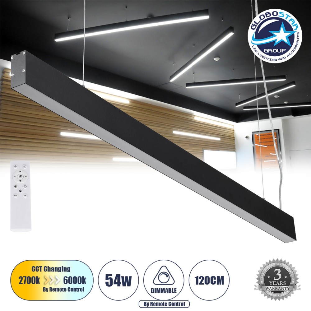 GLOBOSTAR® FELIX 61028-S Μοντέρνο Γραμμικό Φωτιστικό Οροφής LED 54W 5400lm 120° AC 220-240V IP20 Ρυθμιζόμενο Λευκό CCT με Χειριστήριο από 2700K έως 6000K Dimmable - Lumileds SMD Chip - Μαύρο Ματ - Μ120 x Π3.5 x Υ7cm - 3 Χρόνια Εγγύηση