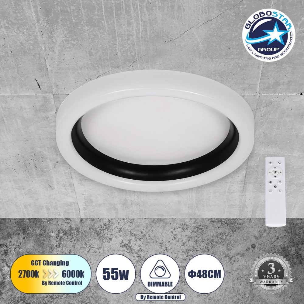 GLOBOSTAR® ARIANA 61034 Μοντέρνο Φωτιστικό Οροφής LED 55W 6376lm 120° AC 220-240V IP20 Ρυθμιζόμενο Λευκό CCT με Χειριστήριο από 2700K έως 6000K Dimmable - Lumileds SMD Chip - Λευκό Ματ & Μαύρο Ματ - Μ48 x Π48 x Υ9cm - 3 Χρόνια Εγγύηση