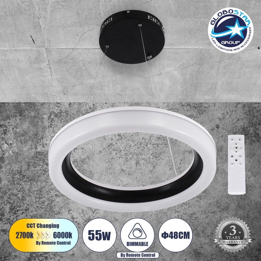 GLOBOSTAR® ARIANA 61037 Μοντέρνο Κρεμαστό Φωτιστικό Οροφής LED 55W 6376lm 120° AC 220-240V IP20 Ρυθμιζόμενο Λευκό CCT με Χειριστήριο από 2700K έως 6000K Dimmable - Lumileds SMD Chip - Μαυρό Ματ - Μ48 x Π48 x Υ6.5cm - 3 Χρόνια Εγγύηση