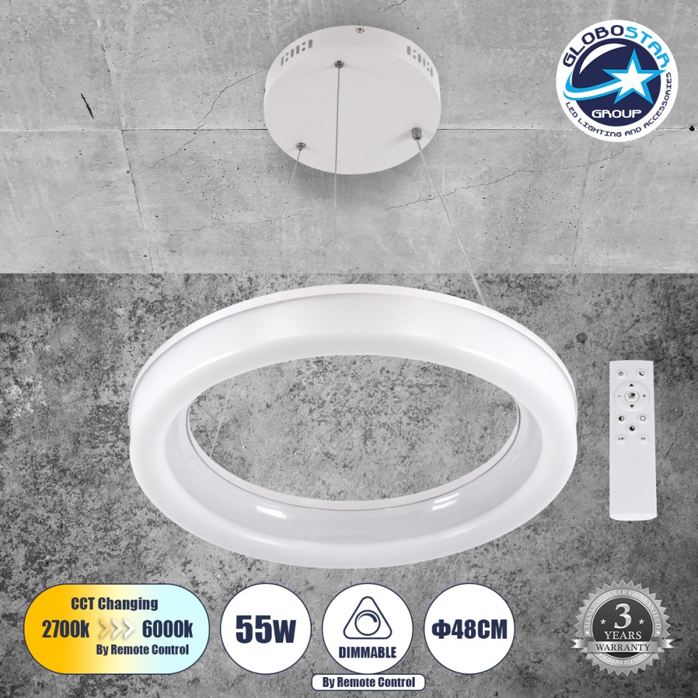 GLOBOSTAR® ARIANA 61038 Μοντέρνο Κρεμαστό Φωτιστικό Οροφής LED 55W 6376lm 120° AC 220-240V IP20 Ρυθμιζόμενο Λευκό CCT με Χειριστήριο από 2700K έως 6000K Dimmable - Lumileds SMD Chip - Λευκό Ματ - Μ48 x Π48 x Υ6.5cm - 3 Χρόνια Εγγύηση