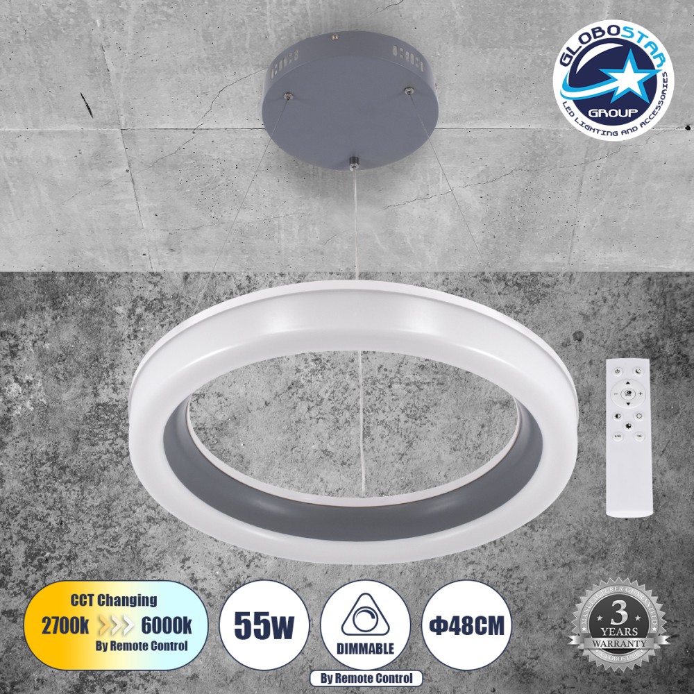 GLOBOSTAR® ARIANA 61039 Μοντέρνο Κρεμαστό Φωτιστικό Οροφής LED 55W 6376lm 120° AC 220-240V IP20 Ρυθμιζόμενο Λευκό CCT με Χειριστήριο από 2700K έως 6000K Dimmable - Lumileds SMD Chip - Γκρι - Μ48 x Π48 x Υ6.5cm - 3 Χρόνια Εγγύηση