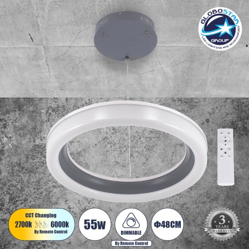 GLOBOSTAR® ARIANA 61039 Μοντέρνο Κρεμαστό Φωτιστικό Οροφής LED 55W 6376lm 120° AC 220-240V IP20 Ρυθμιζόμενο Λευκό CCT με Χειριστήριο από 2700K έως 6000K Dimmable - Lumileds SMD Chip - Γκρι - Μ48 x Π48 x Υ6.5cm - 3 Χρόνια Εγγύηση