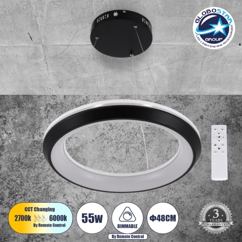 GLOBOSTAR® MELINA 61043 Μοντέρνο Κρεμαστό Φωτιστικό Οροφής LED 55W 6376lm 120° AC 220-240V IP20 Ρυθμιζόμενο Λευκό CCT με Χειριστήριο από 2700K έως 6000K Dimmable - Lumileds SMD Chip - Μαύρο Ματ - Μ48 x Π48 x Υ6.5cm - 3 Χρόνια Εγγύηση