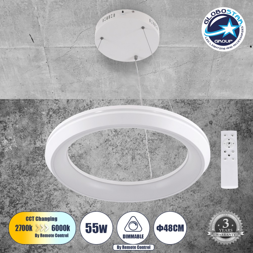 GLOBOSTAR® MELINA 61044 Μοντέρνο Κρεμαστό Φωτιστικό Οροφής LED 55W 6376lm 120° AC 220-240V IP20 Ρυθμιζόμενο Λευκό CCT με Χειριστήριο από 2700K έως 6000K Dimmable - Lumileds SMD Chip - Λευκό Ματ - Μ48 x Π48 x Υ6.5cm - 3 Χρόνια Εγγύηση