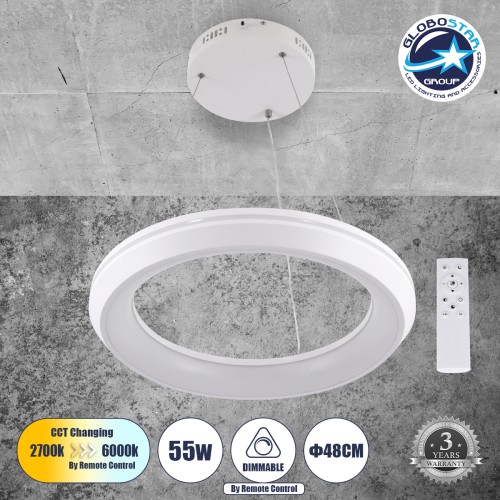 GLOBOSTAR® MELINA 61044 Μοντέρνο Κρεμαστό Φωτιστικό Οροφής LED 55W 6376lm 120° AC 220-240V IP20 Ρυθμιζόμενο Λευκό CCT με Χειριστήριο από 2700K έως 6000K Dimmable - Lumileds SMD Chip - Λευκό Ματ - Μ48 x Π48 x Υ6.5cm - 3 Χρόνια Εγγύηση