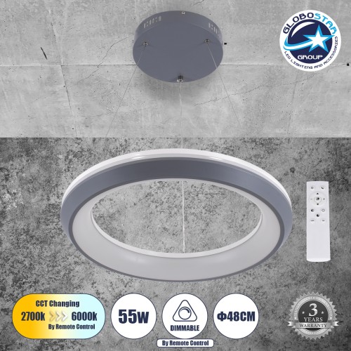 GLOBOSTAR® MELINA 61045 Μοντέρνο Κρεμαστό Φωτιστικό Οροφής LED 55W 6376lm 120° AC 220-240V IP20 Ρυθμιζόμενο Λευκό CCT με Χειριστήριο από 2700K έως 6000K Dimmable - Lumileds SMD Chip - Γκρι & Λευκό - Μ48 x Π48 x Υ6.5cm - 3 Χρόνια Εγγύηση