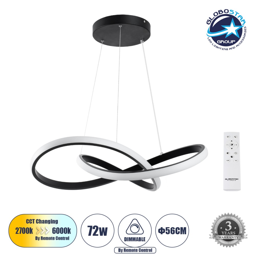 GLOBOSTAR® DEXTER 61049 Μοντέρνο Κρεμαστό Φωτιστικό Οροφής LED 72W 7200lm 300° AC 220-240V IP20 Ρυθμιζόμενο Λευκό CCT με Χειριστήριο από 2700K έως 6000K Dimmable - Lumileds SMD Chip - Μαύρο Ματ - Μ56 x Π56 x Υ14cm - 3 Χρόνια Εγγύηση