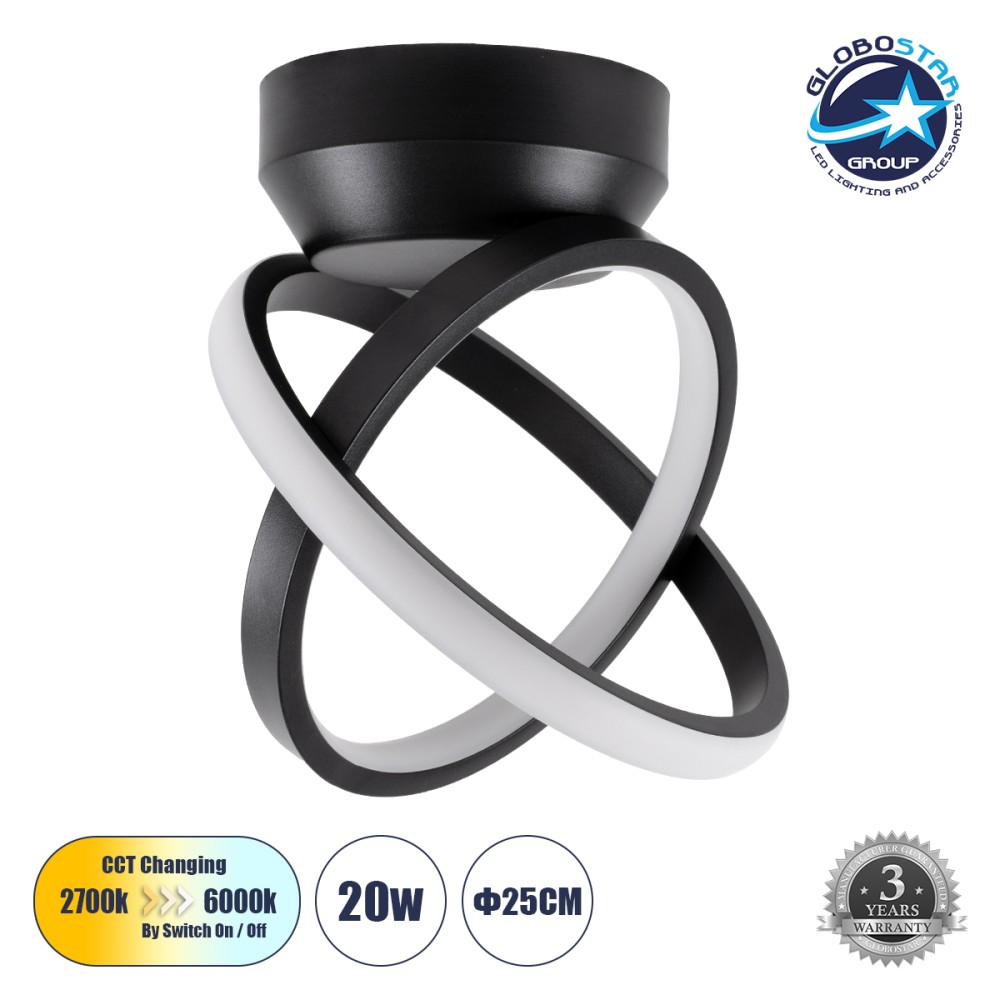 GLOBOSTAR® AMELIA 61052 Μοντέρνο Φωτιστικό Οροφής LED 20W 2400lm 300° AC 220-240V IP20 Ρυθμιζόμενο Λευκό CCT με On/Off 2700K/4500K/6000K - Lumileds SMD Chip - Μαύρο Ματ - Μ24.5 x Π16 x Υ25cm - 3 Χρόνια Εγγύηση