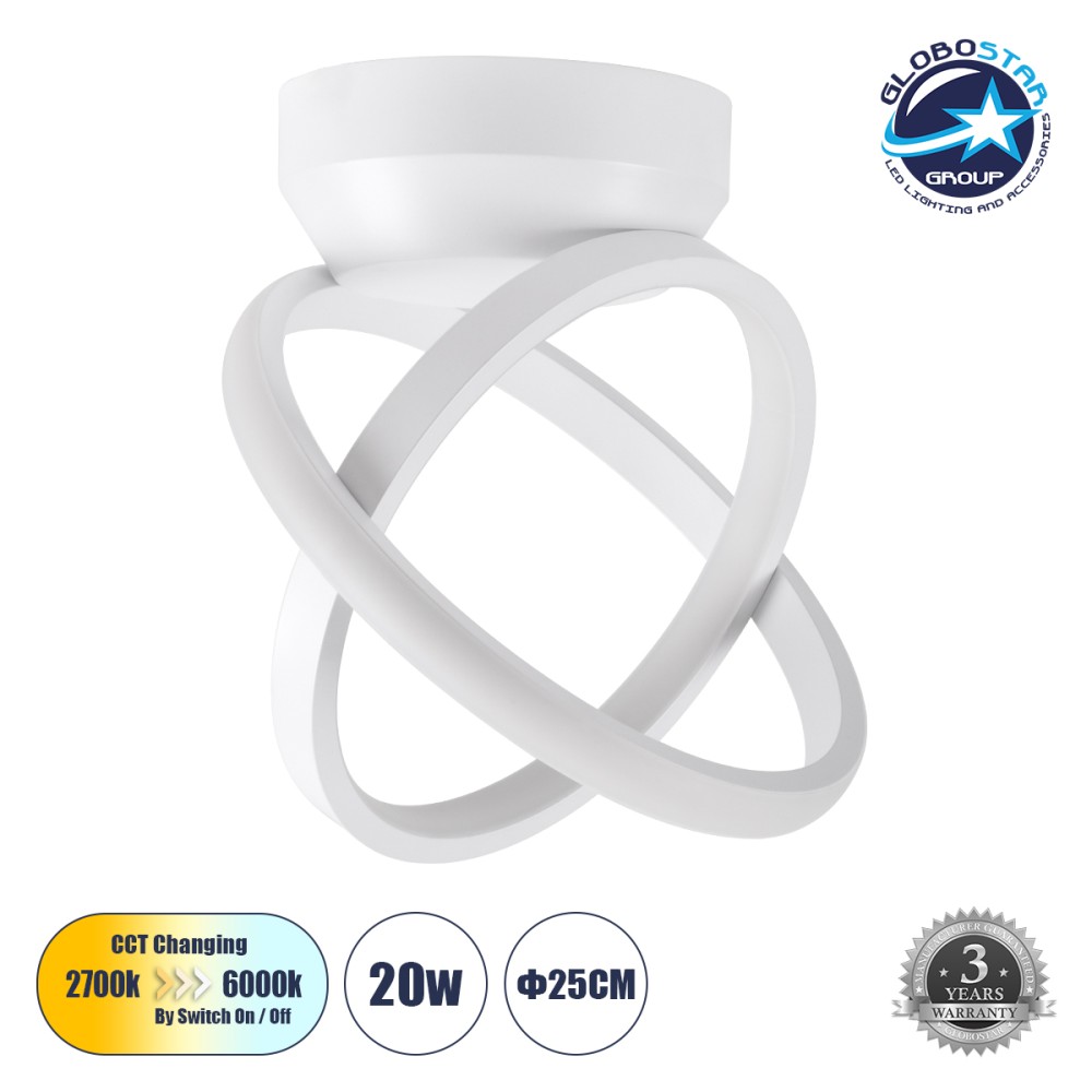GLOBOSTAR® AMELIA 61053 Μοντέρνο Φωτιστικό Οροφής LED 20W 2400lm 300° AC 220-240V IP20 Ρυθμιζόμενο Λευκό CCT με On/Off 2700K/4500K/6000K - Lumileds SMD Chip - Λευκό Ματ - Μ24.5 x Π16 x Υ25cm - 3 Χρόνια Εγγύηση