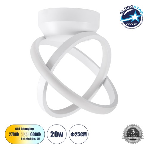 GLOBOSTAR® AMELIA 61053 Μοντέρνο Φωτιστικό Οροφής LED 20W 2400lm 300° AC 220-240V IP20 Ρυθμιζόμενο Λευκό CCT με On/Off 2700K/4500K/6000K - Lumileds SMD Chip - Λευκό Ματ - Μ24.5 x Π16 x Υ25cm - 3 Χρόνια Εγγύηση