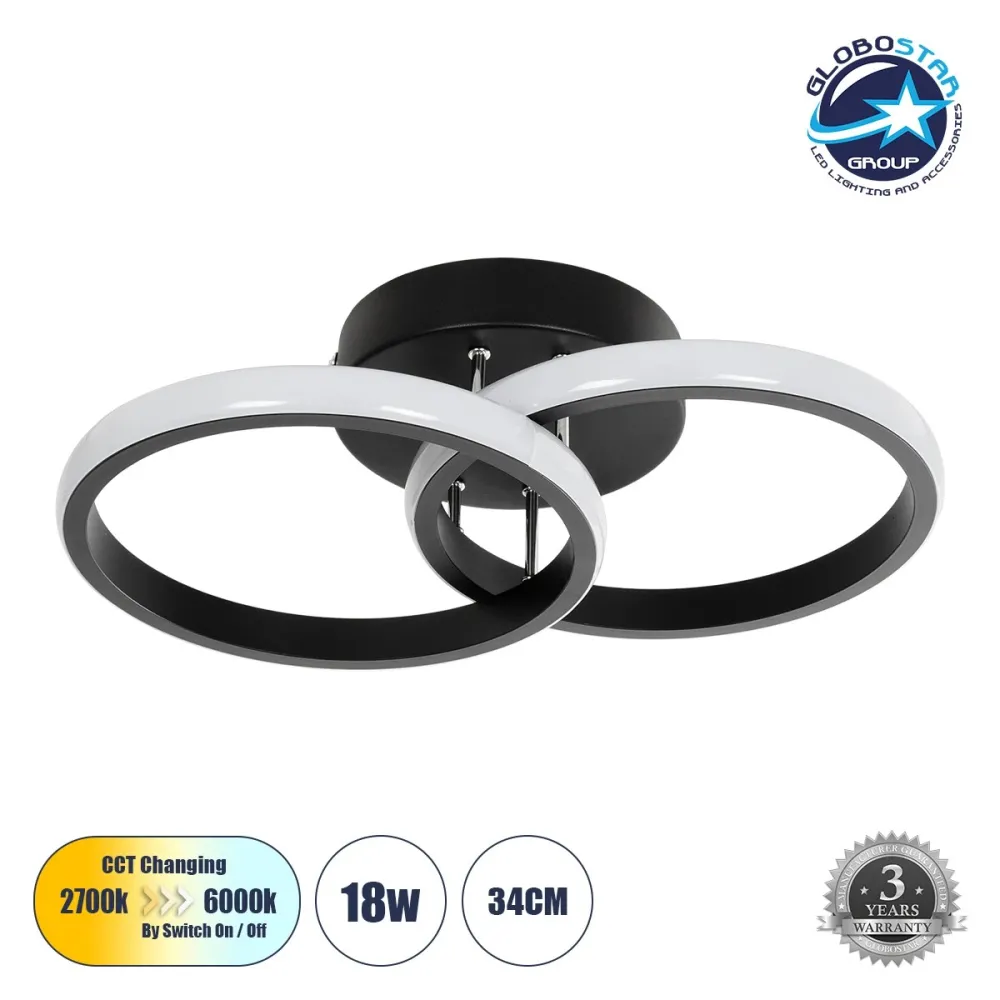 GLOBOSTAR® CORA 61058 Μοντέρνο Φωτιστικό Οροφής LED 18W 1800lm 300° AC 220-240V IP20 Ρυθμιζόμενο Λευκό CCT με On/Off 2700K/4500K/6000K - Lumileds SMD Chip - Μαύρο Ματ - Μ36 x Π20.5 x Υ7cm - 3 Χρόνια Εγγύηση
