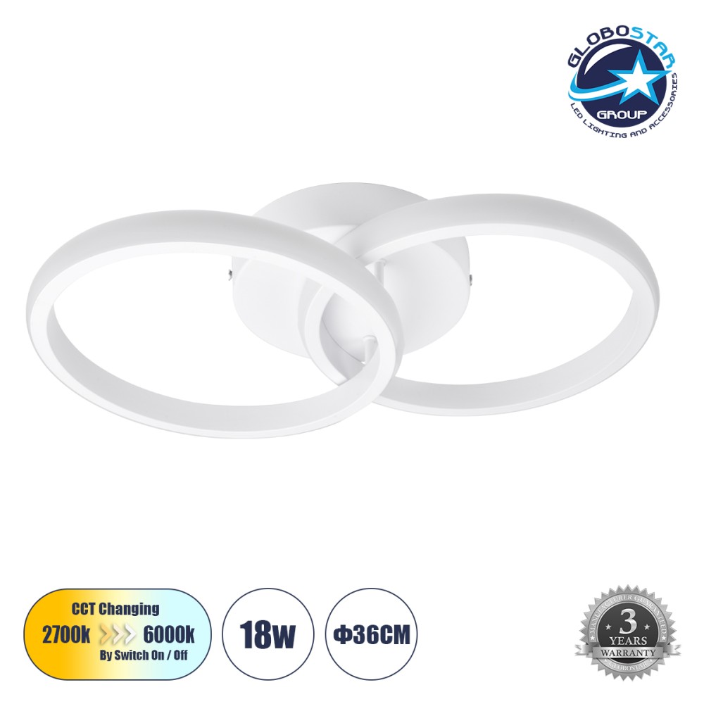 GLOBOSTAR® CORA 61059 Μοντέρνο Φωτιστικό Οροφής LED 18W 1800lm 300° AC 220-240V IP20 Ρυθμιζόμενο Λευκό CCT με On/Off 2700K/4500K/6000K - Lumileds SMD Chip - Λευκό Ματ - Μ36 x Π20.5 x Υ7cm - 3 Χρόνια Εγγύηση