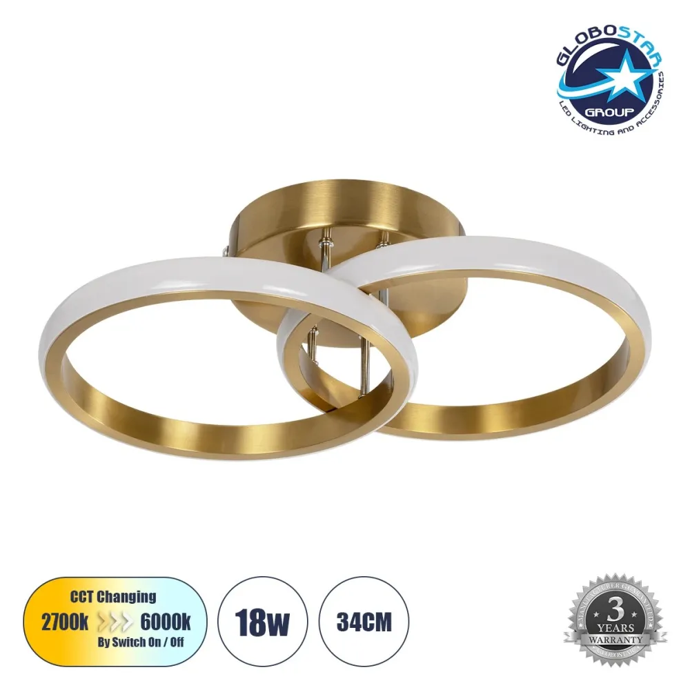 GLOBOSTAR® CORA 61060 Μοντέρνο Φωτιστικό Οροφής LED 18W 1800lm 300° AC 220-240V IP20 Ρυθμιζόμενο Λευκό CCT με On/Off 2700K/4500K/6000K - Lumileds SMD Chip - Σατινέ Χρυσό Βούρτσας - Μ36 x Π20.5 x Υ7cm - 3 Χρόνια Εγγύηση