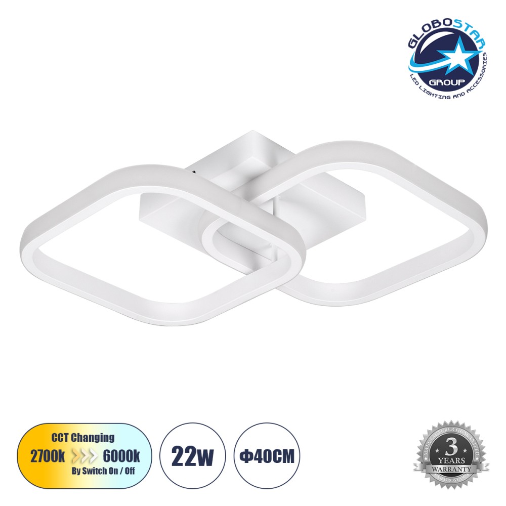 GLOBOSTAR® NORA 61062 Μοντέρνο Φωτιστικό Οροφής LED 22W 2200lm 300° AC 220-240V IP20 Ρυθμιζόμενο Λευκό CCT με On/Off 2700K/4500K/6000K - Lumileds SMD Chip - Λευκό Ματ - Μ40 x Π24 x Υ7cm - 3 Χρόνια Εγγύηση