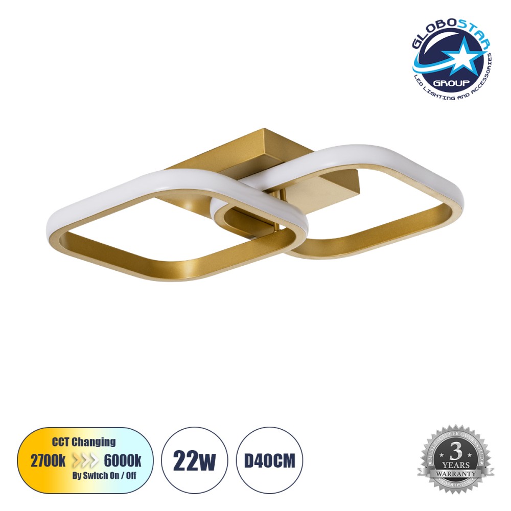 GLOBOSTAR® NORA 61063 Μοντέρνο Φωτιστικό Οροφής LED 22W 2200lm 300° AC 220-240V IP20 Ρυθμιζόμενο Λευκό CCT με On/Off 2700K/4500K/6000K - Lumileds SMD Chip - Σατινέ Χρυσό Βούρτσας - Μ40 x Π24 x Υ7cm - 3 Χρόνια Εγγύηση