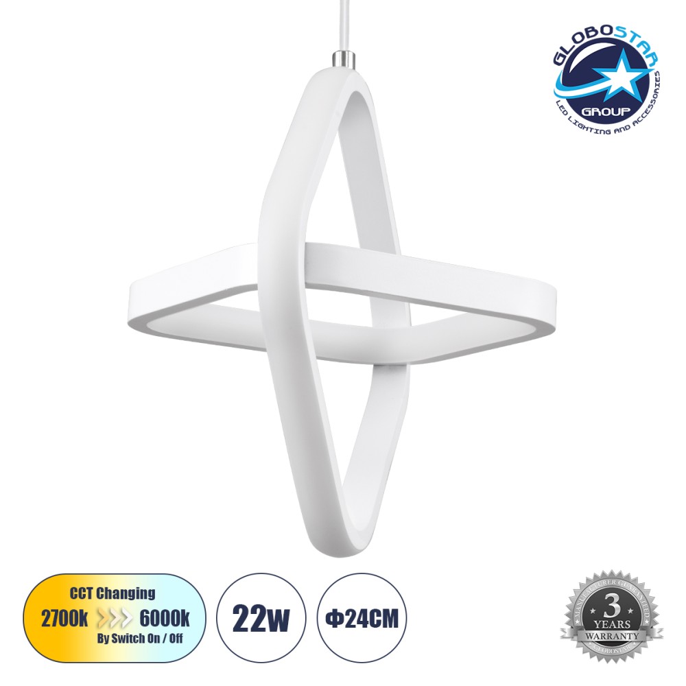 GLOBOSTAR® ROSE 61065 Μοντέρνο Κρεμαστό Φωτιστικό Οροφής LED 22W 2200lm 300° AC 220-240V IP20 Ρυθμιζόμενο Λευκό CCT με On/Off 2700K/4500K/6000K - Lumileds SMD Chip - Λευκό Ματ - Μ24 x Π22 x Υ24cm - 3 Χρόνια Εγγύηση