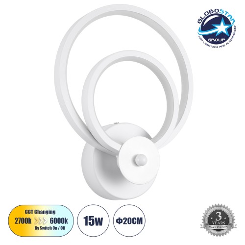 GLOBOSTAR® FREDDIE 61077 Μοντέρνο Φωτιστικό Τοίχου - Απλίκα LED 15W 1800lm 300° AC 220-240V IP20 Ρυθμιζόμενο Λευκό CCT με On/Off 2700K/4500K/6000K - Lumileds SMD Chip - Λευκό Ματ - Μ20 x Π7.5 x Υ25cm - 3 Χρόνια Εγγύηση