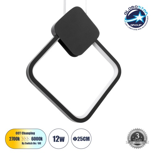 GLOBOSTAR® MARY 61082 Μοντέρνο Κρεμαστό Φωτιστικό Οροφής LED 12W 1440lm 300° AC 220-240V IP20 Ρυθμιζόμενο Λευκό CCT με On/Off 2700K/4500K/6000K - Lumileds SMD Chip - Μαύρο - Μ20 x Π2.3 x Υ28.5cm - 3 Χρόνια Εγγύηση