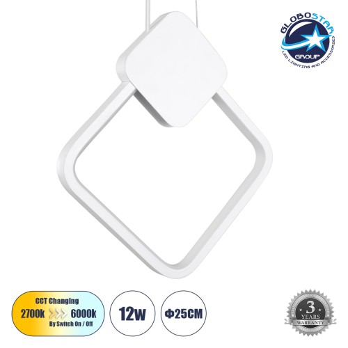 GLOBOSTAR® MARY 61083 Μοντέρνο Κρεμαστό Φωτιστικό Οροφής LED 12W 1440lm 300° AC 220-240V IP20 Ρυθμιζόμενο Λευκό CCT με On/Off 2700K/4500K/6000K - Lumileds SMD Chip - Λευκό - Μ20 x Π2.3 x Υ28.5cm - 3 Χρόνια Εγγύηση