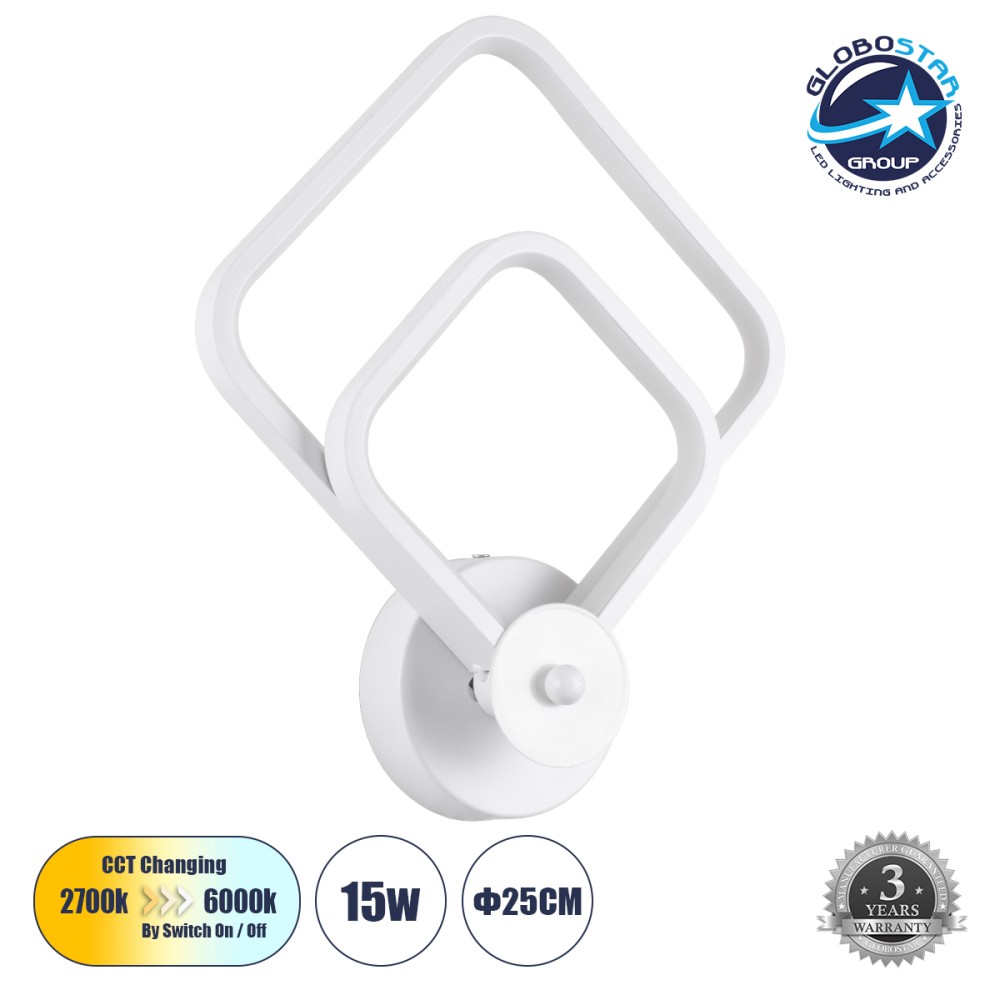 GLOBOSTAR® ANNA 61086 Μοντέρνο Φωτιστικό Τοίχου - Απλίκα LED 15W 1800lm 300° AC 220-240V IP20 Ρυθμιζόμενο Λευκό CCT με On/Off 2700K/4500K/6000K - Lumileds SMD Chip - Λευκό Ματ - Μ25 x Π8 x Υ30cm - 3 Χρόνια Εγγύηση