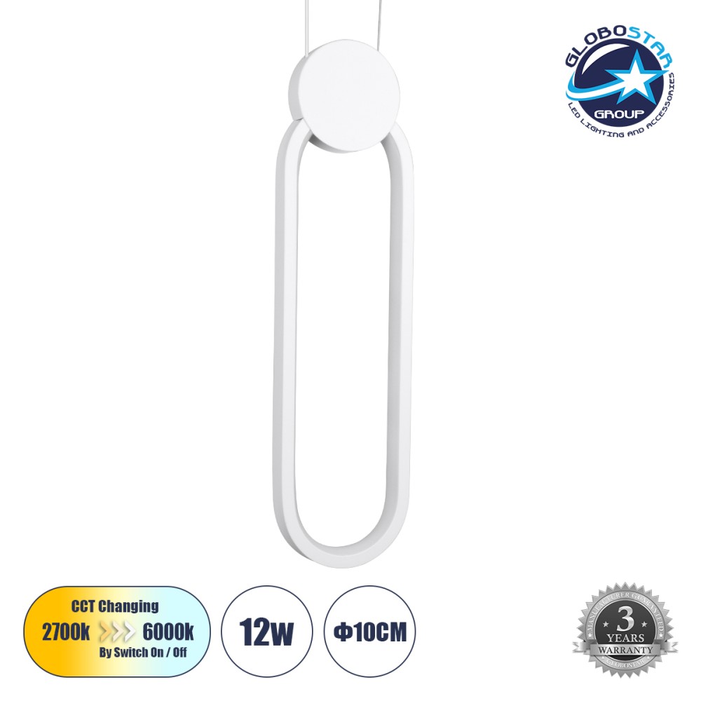 GLOBOSTAR® ILDI 61089 Μοντέρνο Κρεμαστό Φωτιστικό Οροφής LED 12W 1440lm 300° AC 220-240V IP20 Ρυθμιζόμενο Λευκό CCT με On/Off 2700K/4500K/6000K - Lumileds SMD Chip - Λευκό Ματ - Μ10 x Π2.3 x Υ38cm - 3 Χρόνια Εγγύηση