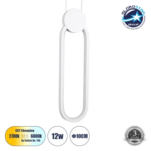GLOBOSTAR® ILDI 61089 Μοντέρνο Κρεμαστό Φωτιστικό Οροφής LED 12W 1440lm 300° AC 220-240V IP20 Ρυθμιζόμενο Λευκό CCT με On/Off 2700K/4500K/6000K - Lumileds SMD Chip - Λευκό Ματ - Μ10 x Π2.3 x Υ38cm - 3 Χρόνια Εγγύηση