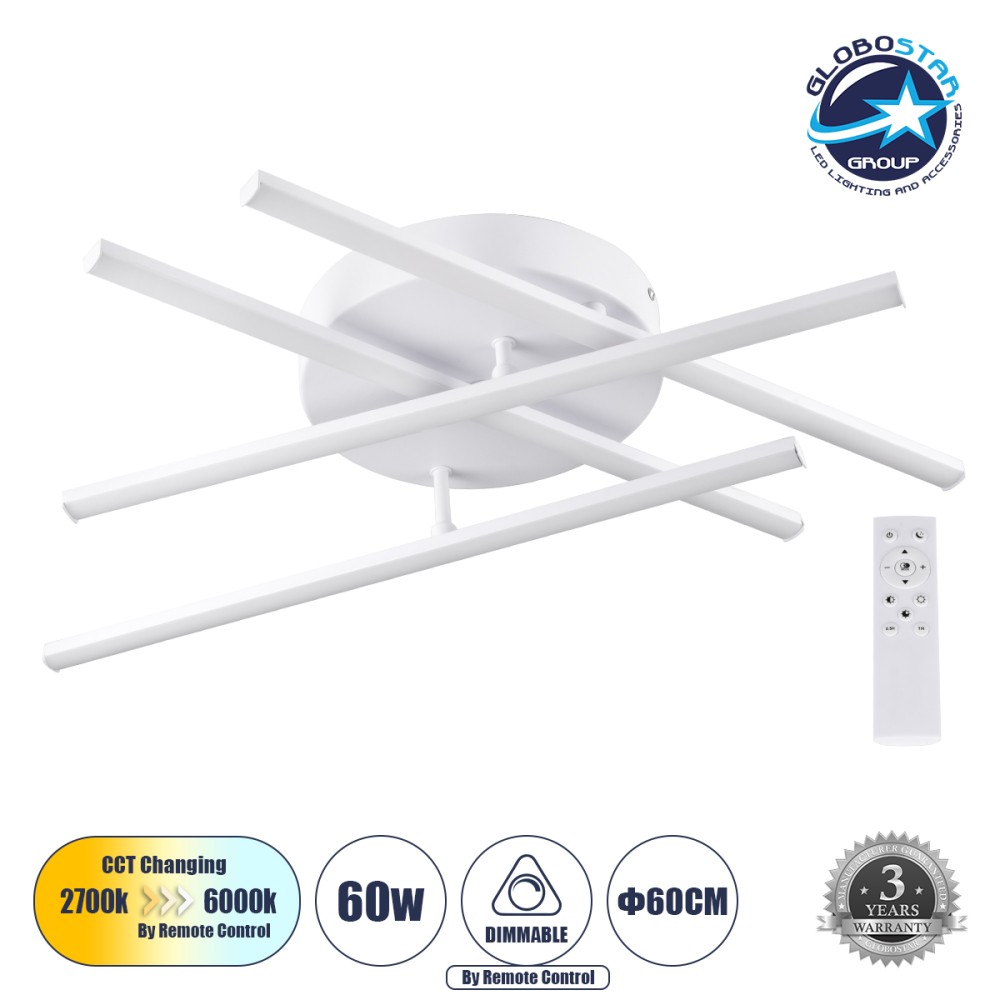 GLOBOSTAR® DRACO 61096 Μοντέρνο Φωτιστικό Οροφής LED 60W 7380lm 120° AC 220-240V IP20 Ρυθμιζόμενο Λευκό CCT με Χειριστήριο από 2700K έως 6000K Dimmable - Lumileds SMD Chip - Λευκό Ματ - Μ60 x Π60 x Υ11cm - 3 Χρόνια Εγγύηση