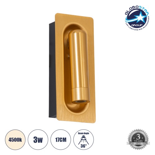 GLOBOSTAR® MANHATTAN 61100 Μοντέρνο Φωτιστικό Τοίχου - Απλίκα Ξενοδοχείου Reading Light LED 3W 405lm 36° AC 220-240V IP20 Φυσικό Λευκό 4500K - Bridgelux COB Chip & TÜV SÜD Driver - Χρυσό Βούρτσας - Μ7 x Π7 x Υ17cm - 3 Χρόνια Εγγύηση