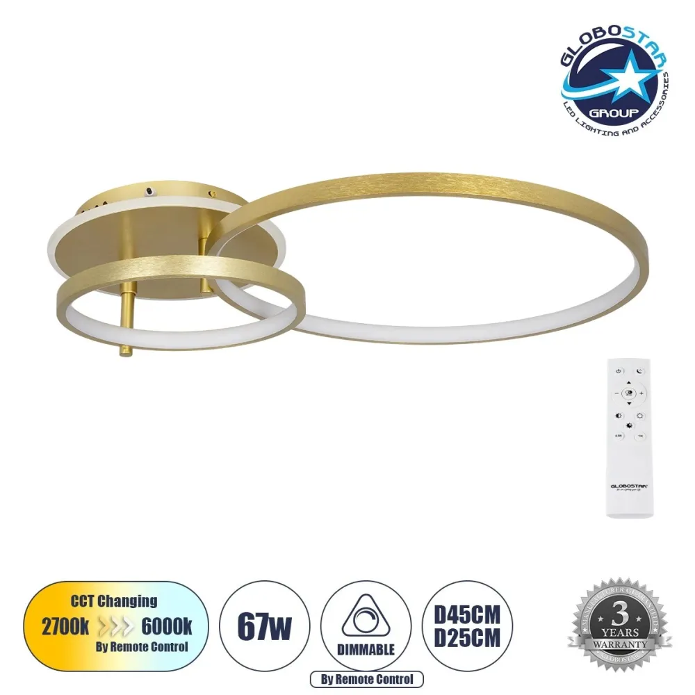 GLOBOSTAR® NEMESIS 61107 Μοντέρνο Φωτιστικό Οροφής LED 67W 6700lm 360° AC 220-240V IP20 Ρυθμιζόμενο Λευκό CCT με Χειριστήριο από 2700K έως 6000K Dimmable - Lumileds SMD Chip - Χρυσό Βούρτσας - Μ84 x Π45 x Υ13cm - 3 Χρόνια Εγγύηση