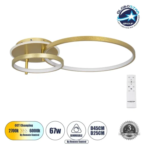 GLOBOSTAR® NEMESIS 61107 Μοντέρνο Φωτιστικό Οροφής LED 67W 6700lm 360° AC 220-240V IP20 Ρυθμιζόμενο Λευκό CCT με Χειριστήριο από 2700K έως 6000K Dimmable - Lumileds SMD Chip - Χρυσό Βούρτσας - Μ84 x Π45 x Υ13cm - 3 Χρόνια Εγγύηση